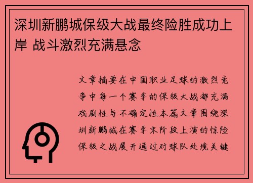 深圳新鹏城保级大战最终险胜成功上岸 战斗激烈充满悬念